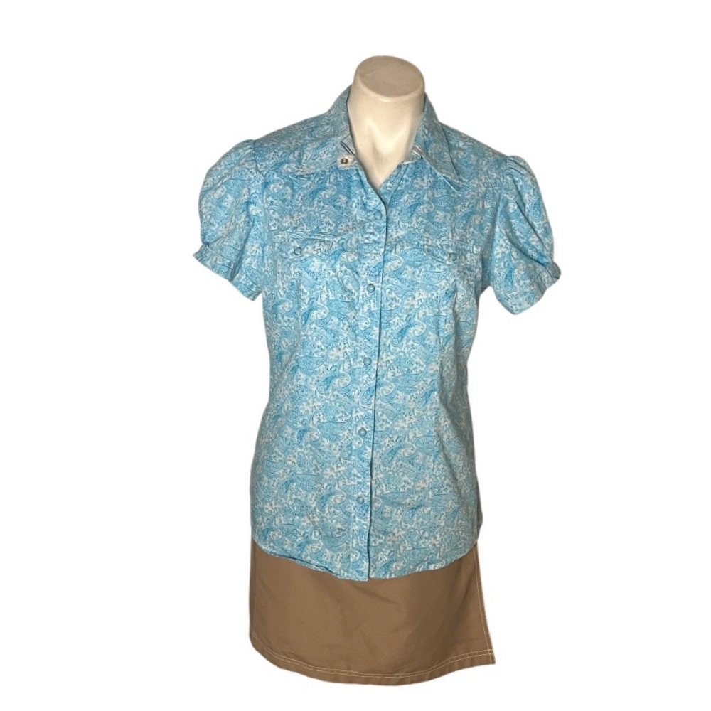 ROPER Blue Western Blouse Pearl Snaps Short Puff Sleeves Paisley Size Large - Picture 2 of 10